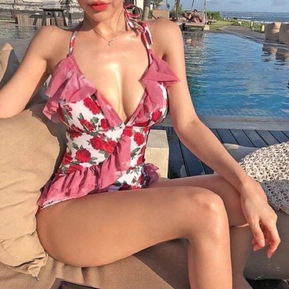 Ruffled Rose One Piece Swimsuit - Picture 1 of 6